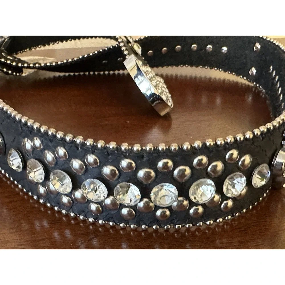 Women's Black Rhinestone Leather Belt size S/M Western Style Black Belt Bling